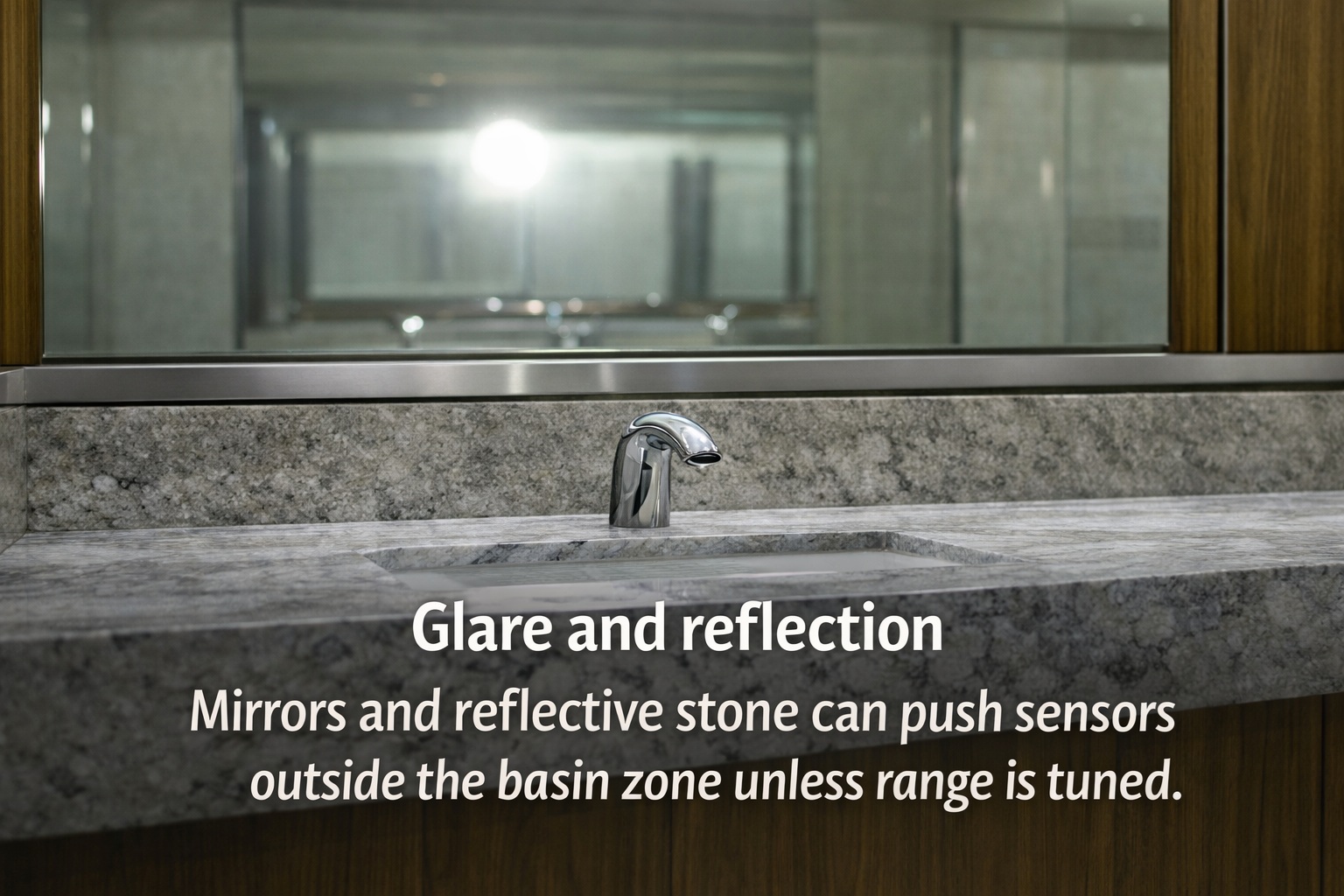 Touchless faucet near mirror glare and reflective stone countertop surfaces for interference testing in Gulf commercial restrooms